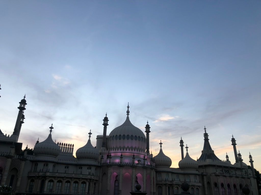 The sun setting over the Brighton Pavilion