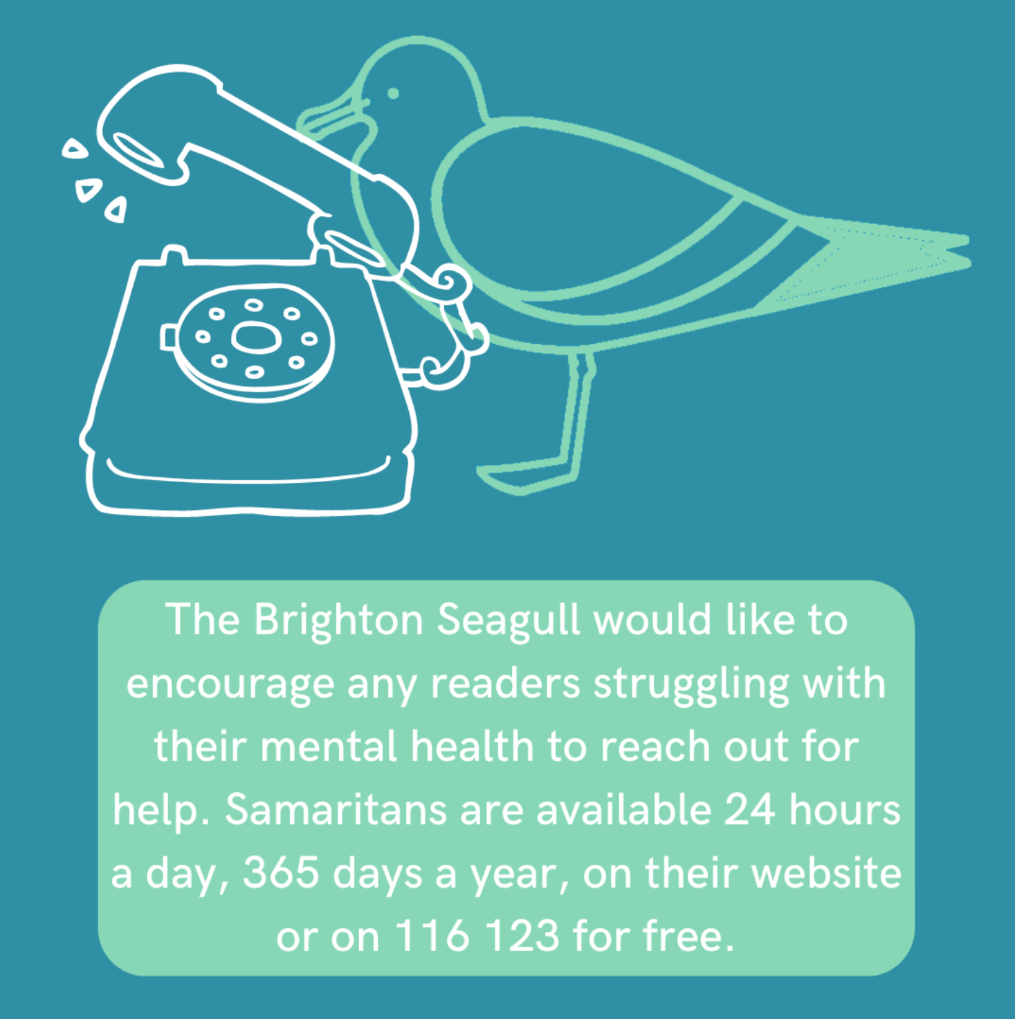 The Brighton Seagull would like to encourage any readers struggling with their mental health to reach out for help. Samaritans are available 24 hours a day, 365 days a year, on their website or on 116 123 for free.