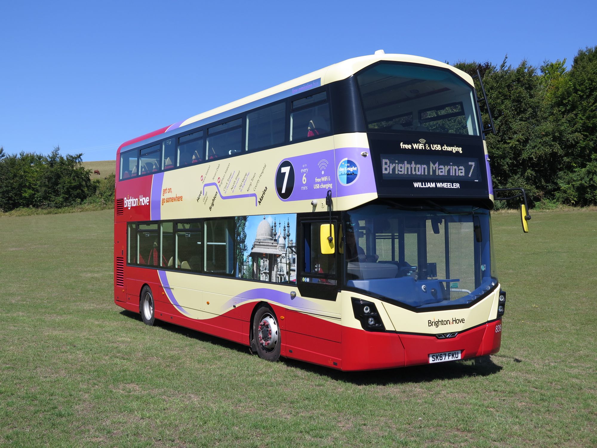 A picture of a No.7 bus in a field for some reason