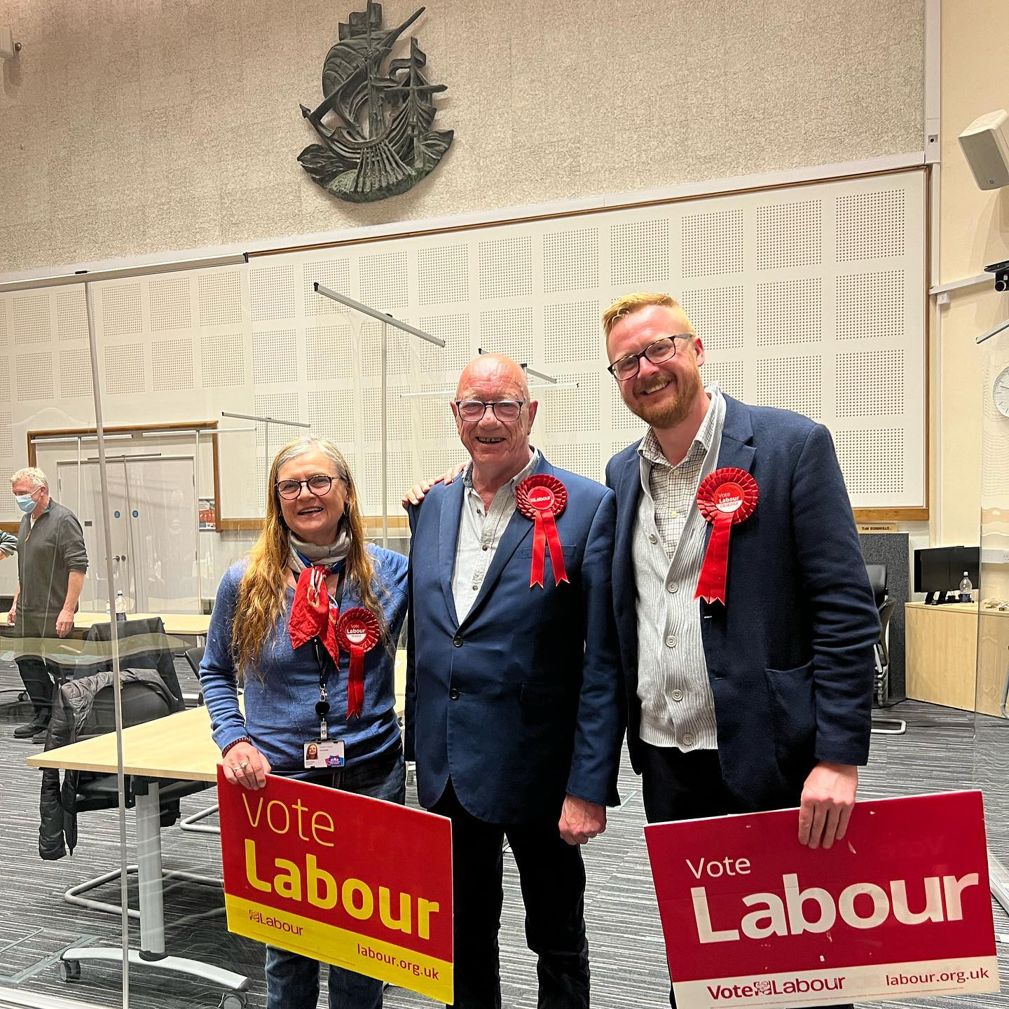 Robert with Carmen Appich and Lloyd Russell-Moyle MP the night of his win.